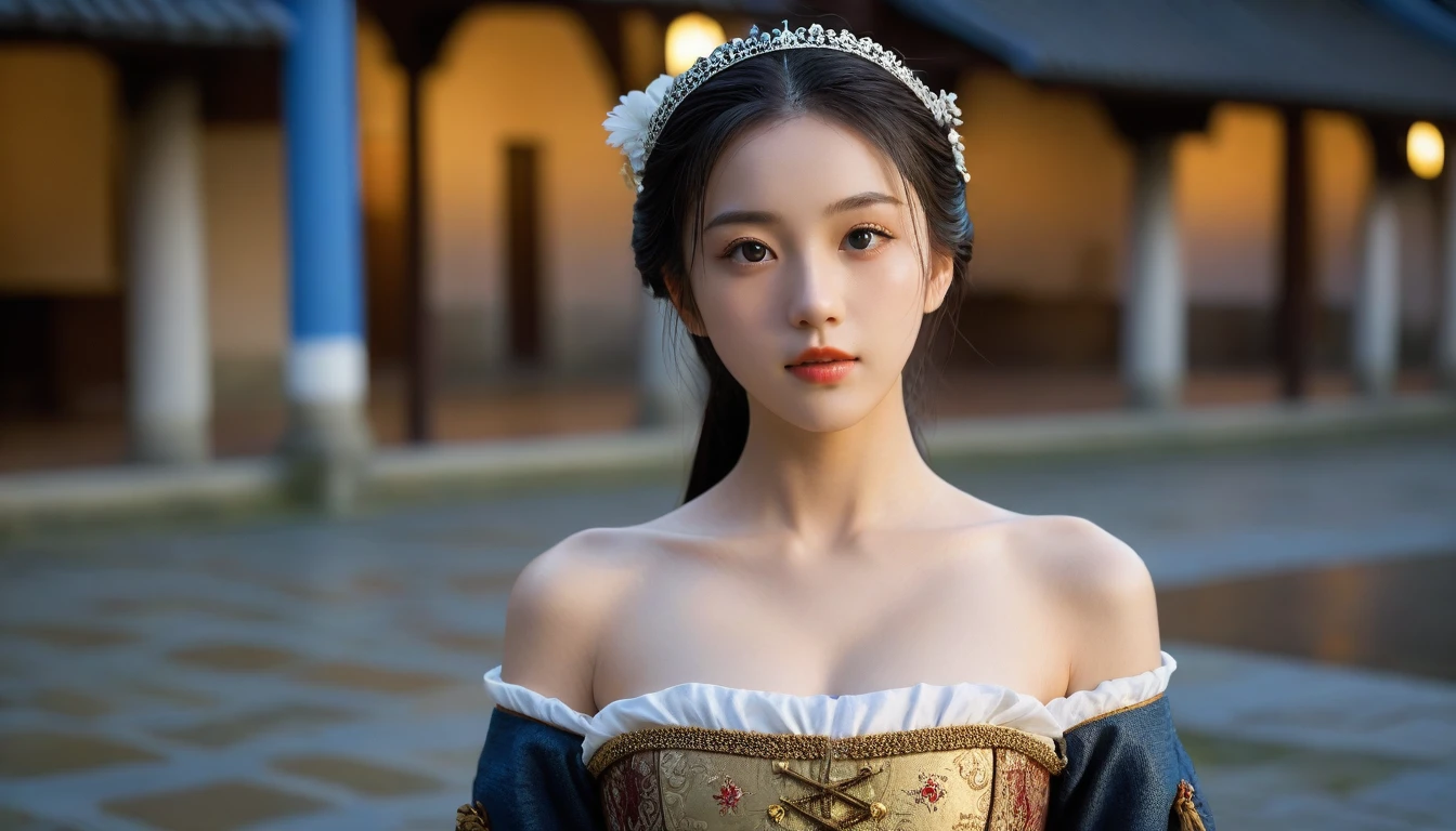 8k, Ultra-high resolution, Highest quality, masterpiece, 三分割法によるphotograph,Surreal, photograph, 1 Girl, (:1.3), pretty girl, Cute Face, Beautiful eyes in every detail, 細かくdetailedに,masterpiece,One Girl:1.2, Japan Female Announcer,extream close up,disgust,Long black hair,Pulled back hair,(Dressed in medieval European clothing:1.3),(印象派の美しい少女のPortraiture), (Standing in a medieval European square:1.3), (After the Rain), (Sunset reflection), (Impressionist light and colour),Realistic Skin, Perfect and beautiful face ,完璧でCute Face, Skin with attention to detail, Perfect limbs、Narrow waist,Looking at the audience、beauty,Long neck,clavicle,(((Ideal body type))),A cup small breasts :2,Portraiture:2,Perfect Anatomy,鮮明なdetailed,detailed,Surreal,Light and shadow,darkness