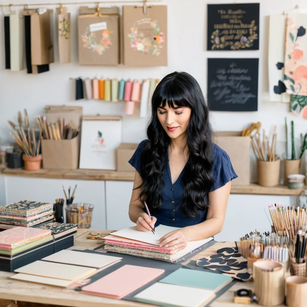 Woman with long, wavy, black hair and short bangs, works with handmade stationery, personalized products and wants to promote her work. She is in her production studio. She shows some of her work.