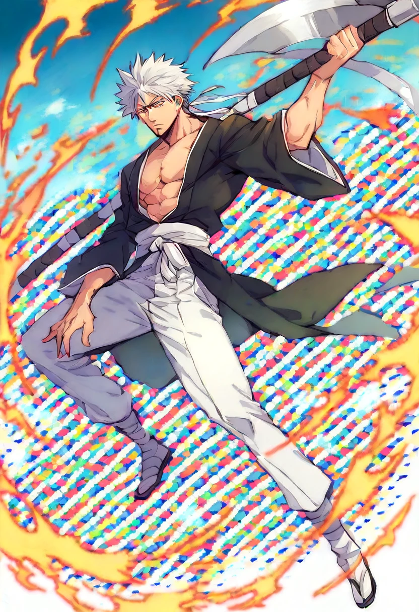 ung boy, male focus, details Intricate, 1 men, bonitas, White hair, vibrant green eyes, slim muscles, アニメ, 19yearsold, 19 years, a small goatee, kimono de Shinigami, Shinigami, bleach style, bleach, regatta, kimono, bleach, bleach style(black kimono), (perosangaem is releasing all his power, ele é um Shinigami do universo bleach, is releasing your bankai, who turns his sword into a scythe, He is holding this medium sized scythe surrounded by black flames on a vast battlefield, covered in those black flames on his scythe).