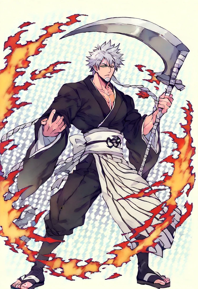 ung boy, male focus, details Intricate, 1 men, bonitas, White hair, vibrant green eyes, slim muscles, アニメ, 19yearsold, 19 years, a small goatee, kimono de Shinigami, Shinigami, bleach, Tank top, kimono, bleach, bleach style, sickle ( uma sickle de tamanho mediano poderosa e afiada), sickle (fazendo cortes com a sickle saindo chamas pretas) chamapretass,Black flames, (o personagem esta em pé fazendo ataques com sua sickle mediana, using black fire attacks) .