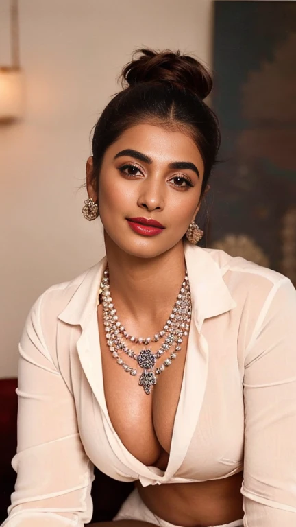 close up photo of naked pooja hegde masturbating pussy chin up and self pleasure in pain, curvy, breasts, wide open spread legs, necklace,white open shirt, red lips, sultry, ponytail, (cinematic:1.3), intricate details, (ArtStation:1.2)