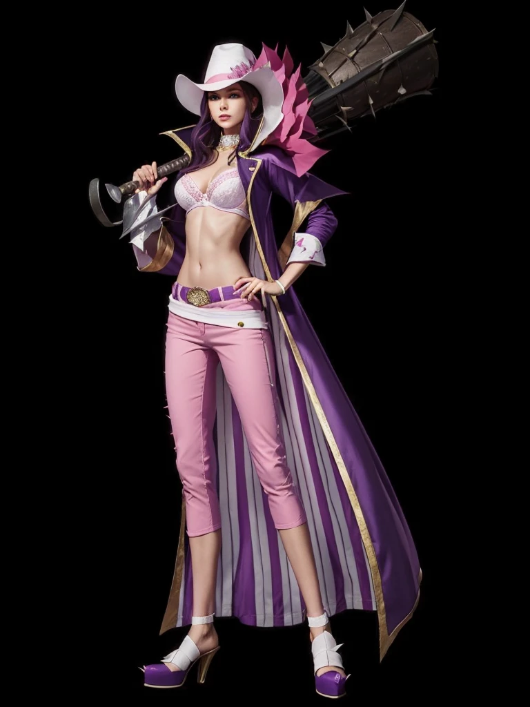 A beautiful woman with perfect body, with bra, with pink pants, with white hat on head, with a purple cape on the back, holding in one hand a club of thorns.
