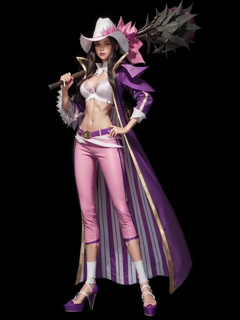 A beautiful woman with perfect body, with bra, with pink pants, with white hat on head, with a purple cape on the back, holding in one hand a club of thorns.