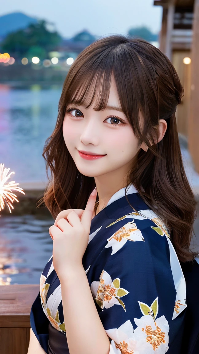 masterpiece, best quality, illustration, ultra-detailed, finely detail, highres, 8k wallpaper, perfect dynamic composition, beautiful detailed eyes, Yukata, firework festival, smile face