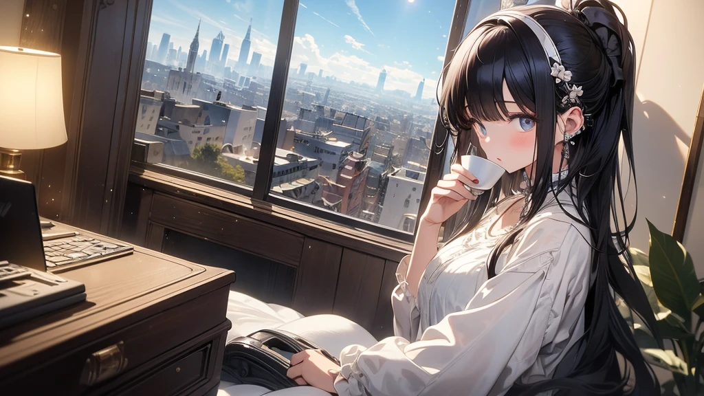 Ultra-high resolution, 8k, (Masterpiece, mysterious:1.3), Works by Makoto Xin Haicheng, Lo-fi feel, Perfect human body engineering, 1 female, mysteriousな瞳, Her charm point is her beautiful eyes, Idol, White ruffled dress, Shiny long black hair, Larger than average bust, Listening to music through headphones, Looking out the window, A room with musical instruments, city view from the window, Impressive cityscape, Bright Sky, meteor, Wide angle, Before dusk, Break time during composition, Coffee in a mug