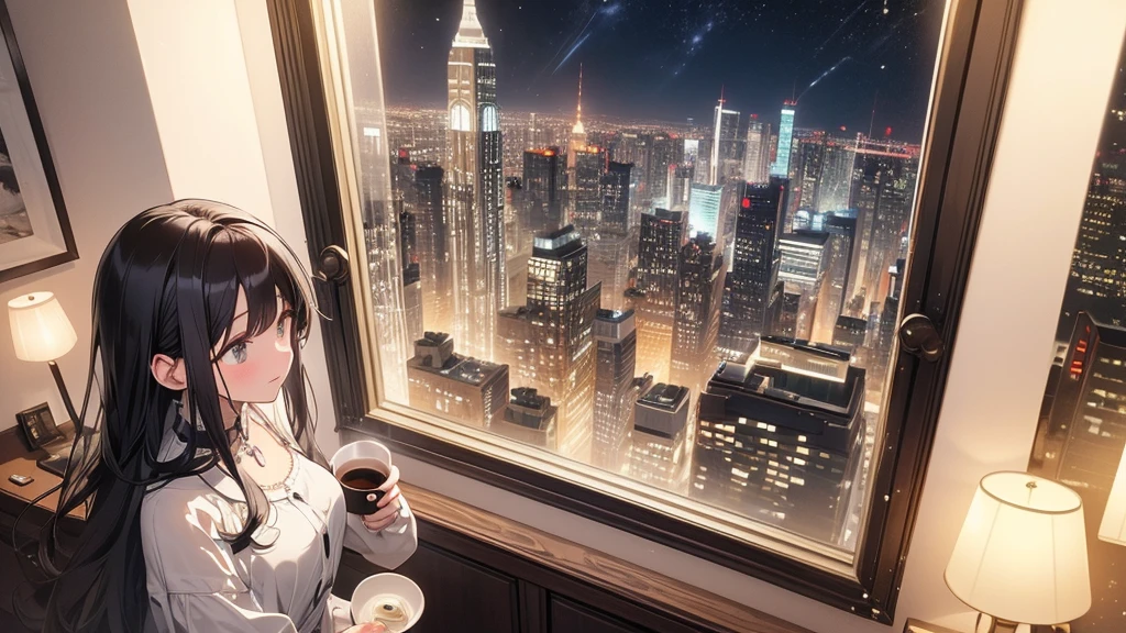 Ultra-high resolution, 8k, (Masterpiece, mysterious:1.3), Works by Makoto Xin Haicheng, Lo-fi feel, Perfect human body engineering, 1 female, mysteriousな瞳, Her charm point is her beautiful eyes, Idol, White ruffled dress, Shiny long black hair, Larger than average bust, Listening to music through headphones, Looking out the window, A room with musical instruments, city view from the window, Impressive cityscape, Bright Sky, meteor, Wide angle, Before dusk, Break time during composition, Coffee in a mug