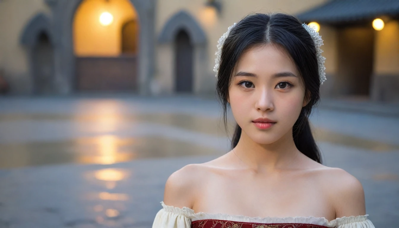 8k, Ultra-high resolution, Highest quality, masterpiece, 三分割法によるphotograph,Surreal, photograph, 1 Girl, (:1.3), pretty girl, Cute Face, Beautiful eyes in every detail, 細かくdetailedに,masterpiece,One Girl:1.2, Japan Female Announcer,extream close up,disgust,Long black hair,Pulled back hair,(Dressed in medieval European clothing:1.3),(印象派の美しい少女のPortraiture), (Standing in a medieval European square:1.3), (After the Rain), (Sunset reflection), (Impressionist light and colour),Realistic Skin, Perfect and beautiful face ,完璧でCute Face, Skin with attention to detail, Perfect limbs、Narrow waist,Looking at the audience、beauty,Long neck,clavicle,(((Ideal body type))),A cup small breasts :2,Portraiture:2,Perfect Anatomy,鮮明なdetailed,detailed,Surreal,Light and shadow,darkness