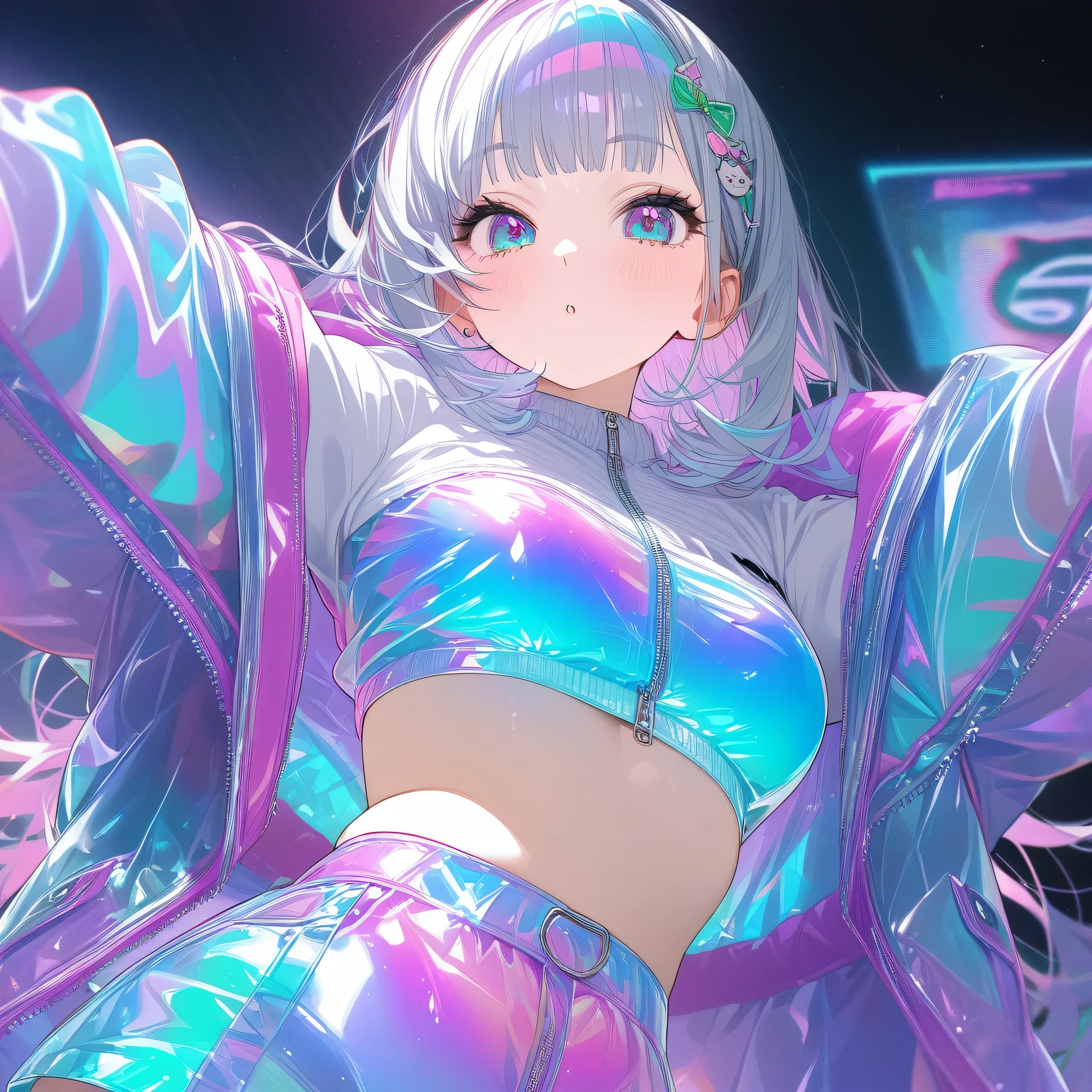 Transparent color PVC clothing, Transparent Color Vinyl Clothing, Prismatic, Holographic, chromatic aberration, Fashion Illustration, masterpiece, Harajuku fashion girl, View your viewers, 8k, Super detailed, Pixiv , masterpiece, Highest quality, score_9, score_8_superior, score_7_superior, Very detailed