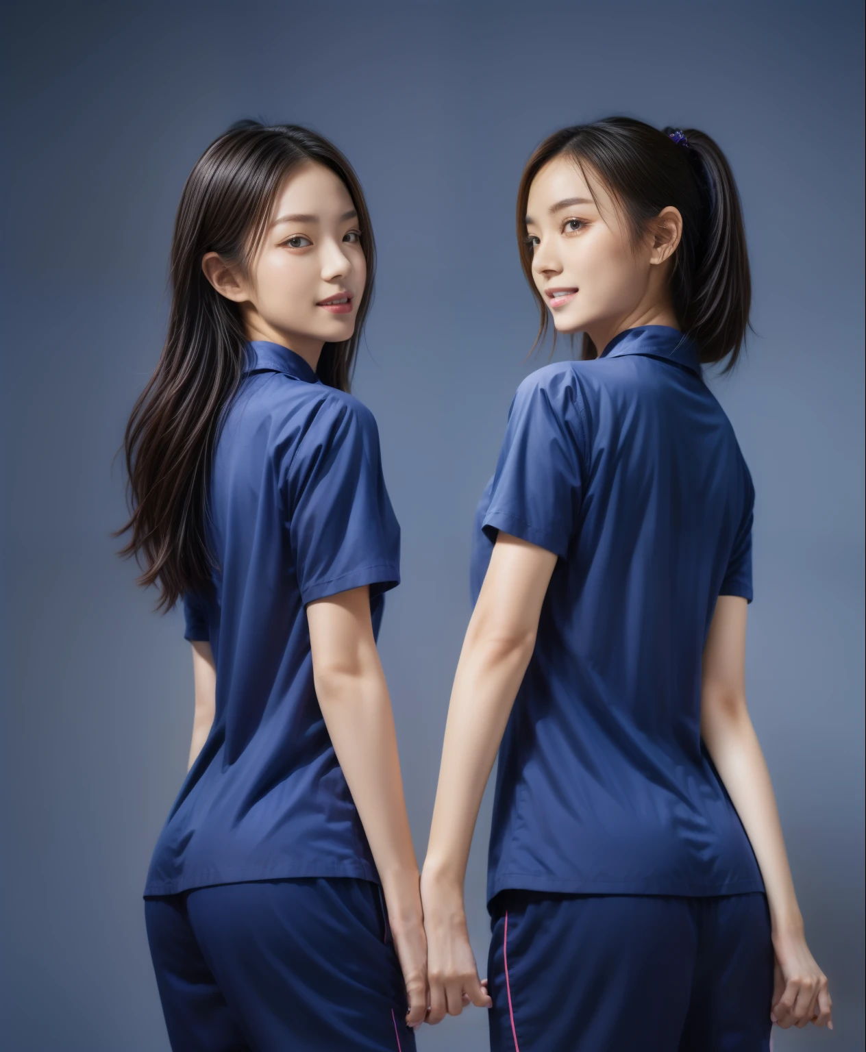 (best quality,10,10,height,Masterpiece:1.2),Special details,(realistic,ภาพrealistic,Realistic photos:1.37),1 Cute girl in the kitchen,shiny, ผิวshiny,only,smile softly,BDclothelue shirt:1.3)),short sleeve,shirt, กางเกงขาlong.,(navy_long_track pants:1.1), ((Kitchen Background)),Dynamic angle,excited,Face focus,dynamic poses,from behind,focus on ass,Masterpiece, best quality, ultra realistic, hyper detail, 8k resolution, raw photos, Sharp focus, ((Navy blue shirt:1.1)), short sleeve, เส้นทางlong, perfect body, 2 mature women, 18 years old, Cinema-grade lighting system,blue sweatpants,shirtผ้าออกกำลังกาย,correct anatomy,perfect body, correct body, Sharp face, correct bodyทางกายวิภาค, full body, realistic gestures, long-haired, realistic poses,Wear long shorts...........................,ช่วงขาlong,Good shape,carved girl, Slender figure, model, Good shape, beautiful body,blue sweatpants, two girls kissing