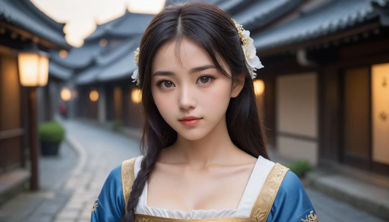 8k, Ultra-high resolution, Highest quality, masterpiece, 三分割法によるphotograph,Surreal, photograph, 1 Girl, (:1.3), pretty girl, Cute Face, Beautiful eyes in every detail, 細かくdetailedに,masterpiece,One Girl:1.2, Japan Female Announcer,extream close up,disgust,Long black hair,Pulled back hair,(Dressed in medieval European clothing:1.3),(印象派の美しい少女のPortraiture), (Standing in a medieval European square:1.3), (After the Rain), (Sunset reflection), (Impressionist light and colour),Realistic Skin, Perfect and beautiful face ,完璧でCute Face, Skin with attention to detail, Perfect limbs、Narrow waist,Looking at the audience、beauty,Long neck,clavicle,(((Ideal body type))),A cup small breasts :2,Portraiture:2,Perfect Anatomy,鮮明なdetailed,detailed,Surreal,Light and shadow,darkness