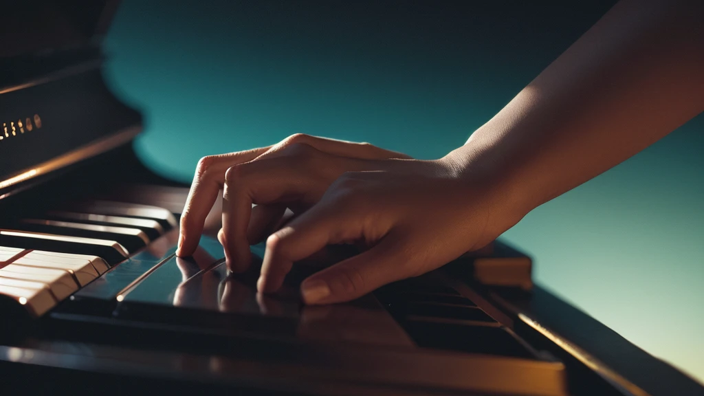 masterpiece, Highest quality, Very detailed, Sharp focus, Dynamic Lighting, Vibrant colors, Texture Details, Particle Effects, Storytelling Elements, Storytelling talent, 16K, High resolution, Separating subject from background,
Surreal dramatic lighting shadows (praise, analog),  Kodak Films Brandon Woelfel Ryan McGinley,
One hand is playing the piano, (Perfect hands:1.2),