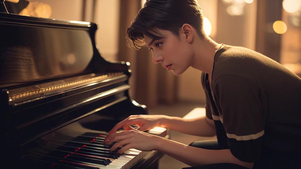 masterpiece, Highest quality, Very detailed, Sharp focus, Dynamic Lighting, Vibrant colors, Texture Details, Particle Effects, Storytelling Elements, Storytelling talent, 16K, High resolution, Separating subject from background,
Surreal dramatic lighting shadows (praise, analog),  Kodak Films Brandon Woelfel Ryan McGinley,
One hand is playing the piano, (Perfect hands:1.2),