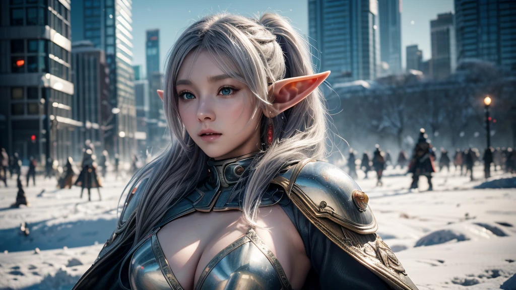 Female Elf,Close-up, Hollow future armor, 2. 5D CGI anime fantasy artwork, Large Breasts,Epic fantasy digital art style, detailed Digital 2D fantasy art, Digital 2D fantasy art, original photo, (best quality:1.3), high resolution, (masterpiece), (lifelike:1.4), Professional photography, Clear focus, High Dynamic Range, 8K resolution, Intricate details, Fine details, Depth of Field, Extremely detailed CG unified 8k wallpaper, masterpiece,poster,best quality,Official Art,(Beauty and aesthetics:1.2),(masterpiece:1.3),Female Elf,individual,complex pattern,snow,Cyberpunk style future city,Medium distance photography,(early morning),dramatic,