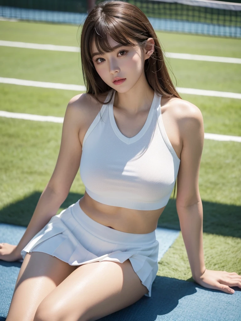 White tennis wear, tennis racket, Tennis ball, Tennis court, (Highest quality) , ((Very detailed)) , 4K , (8k) , masterpiece, Very detailedな, Highest quality, Super Resolution, 1 person, Crying a little, Soft Light, RAW quality, Soft Skin, 152 cm , 20-year-old girl, Cute type, Big Natural Color Lip, positive, Spread your legs， (Provocative dynamic pose) , (Perfect figure)Beautiful legs, Voluptuous thighs, Soft long hair, bangs, Brown Hair, 1 personの女の子, Highest Resolution, Big and pretty eyes, An obvious double, White Pleated Micro Mini Skirt, Voluptuous thighs, Plump body, Huge breasts, (Expresses the roundness and softness of the chest area....1) , I&#39;I sweated a little., I can see your pants, Skirt flip, beautiful pussy line