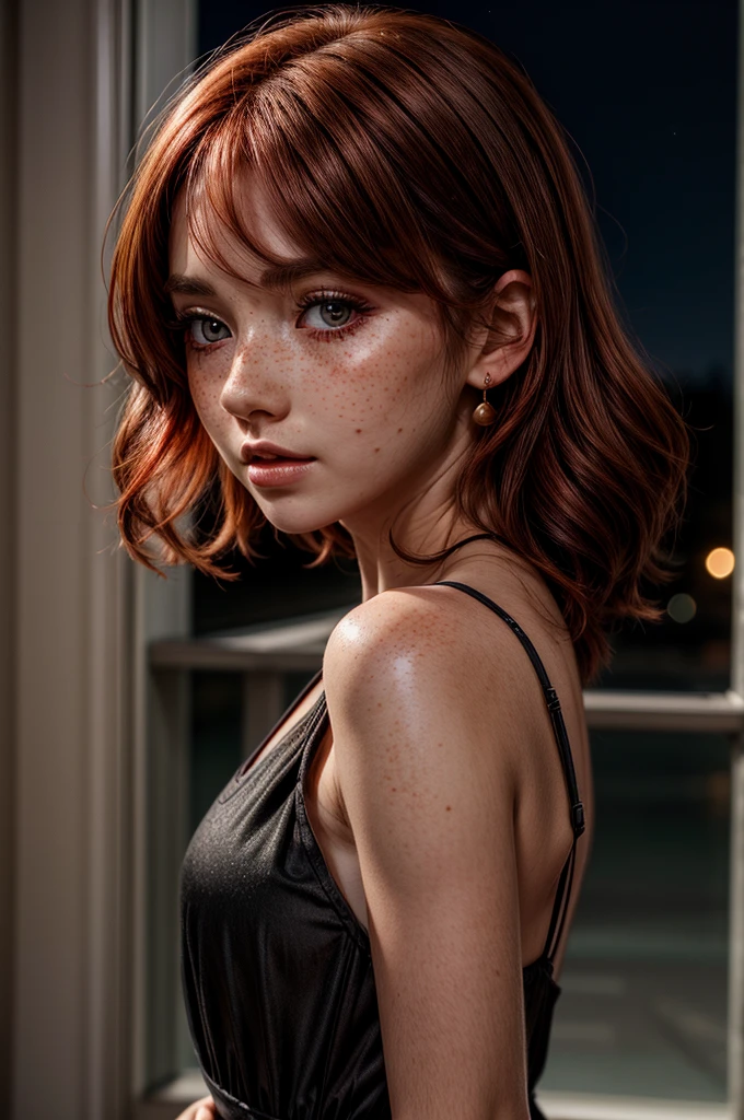 1woman, moon background, black dress, brown eyes, red eyeliner, white skin, intense blush, freckles, red hair, looking at viewer from side