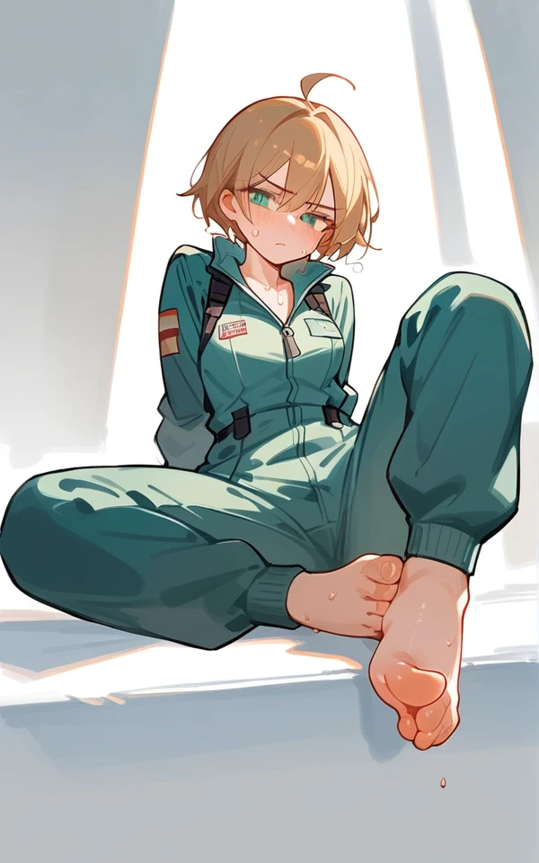 
score_9,score_8_superior,score_7_superior,One girl,sole, barefoot,Feet Focus,View your viewers,Sitting,Sweat, A woman in a jumpsuit has a confident look