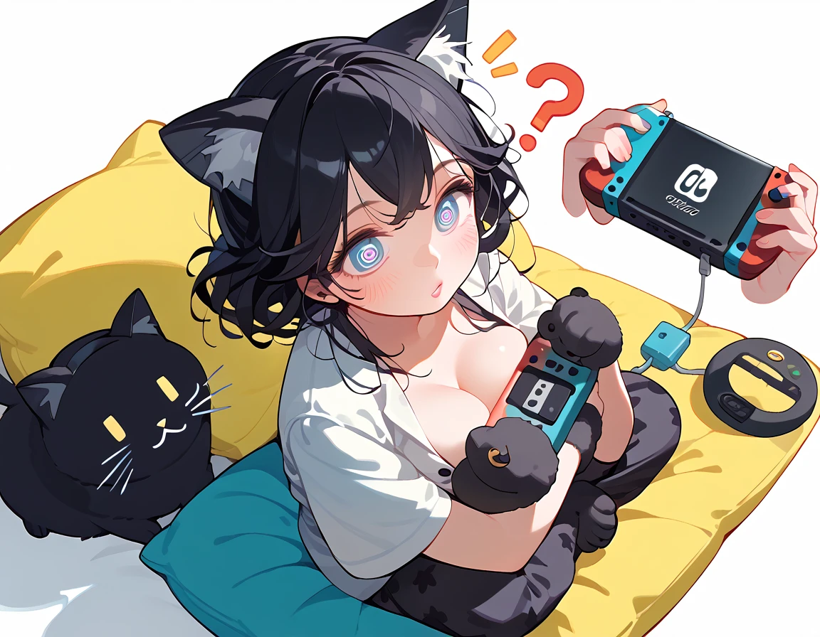 punctuation_9, punctuation_8_High above, punctuation_7_High above, punctuation_6_High above, punctuation_5_High above, punctuation_4_High above, 1girl, Nerd,Bblack hair, shorth hair, a cartoon image of a woman(dressed as a black cat)with a big chest, sitting on the cushion (de cor cerulean), white scenario, with Nintendo switch in hand, fluffy chest, in pajamas(dressed as a black cat), anime cel shaded, Covered breasts and SFW, wearing pajamas(sitting on the cushion (de cor cerulean), with a Nintendo Switch in hand), Kantai Collection Style, anime moe art style,  white_mitts, seductive anime girl((dressed as a black cat)), brincando with a Nintendo Switch in hand, playing on it(spiral eye)White background,Sitting on a cushion(cerulean).