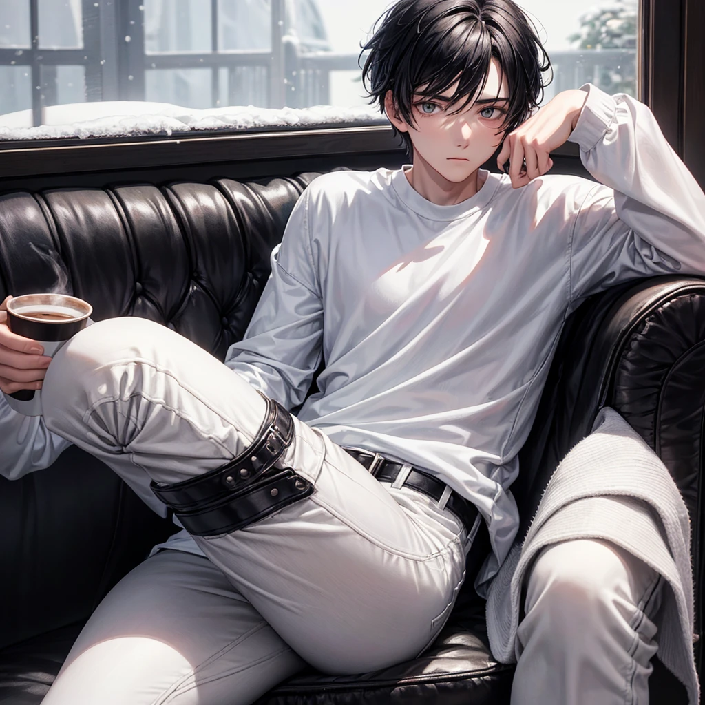 Guy 20 years old, he has smooth skin, snow white hairstyle "curtains", he is wearing a black long sleeve, white jeans and black sneakers. he is sitting on a chair in the room, a cup of coffee in his hand, he looks at the camera with an indifferent expression.