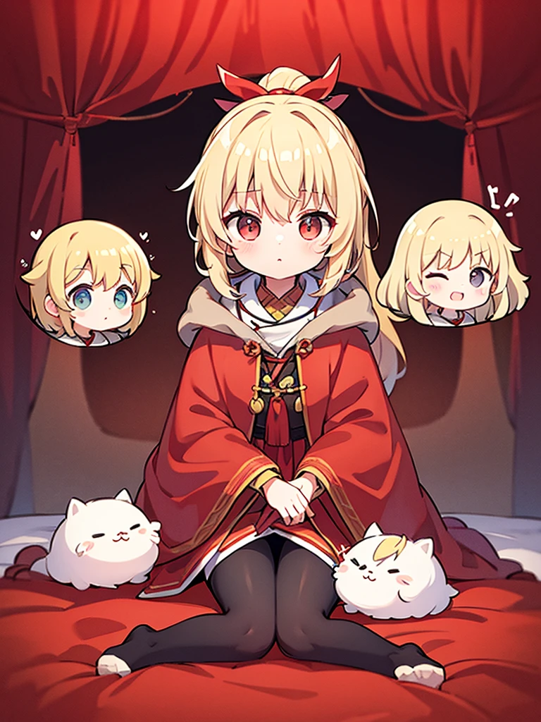 Full-body portrait、Fluffy hair、Blonde、Short ponytail、Grey sweater、Red cloak