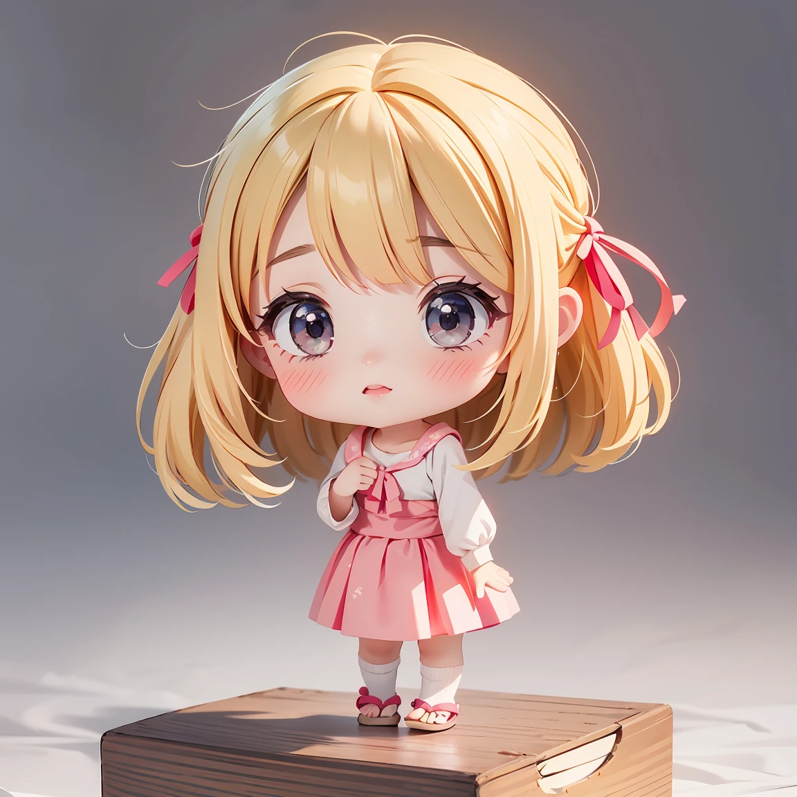 Super Chibi Character:1.8、wearing cute sandals、background:Simple all over、Blonde Hair、Cute 7 year old girl、Random cute outfits、Short legs、Sandals with ribbon、Bowing、Bowing、Bowing