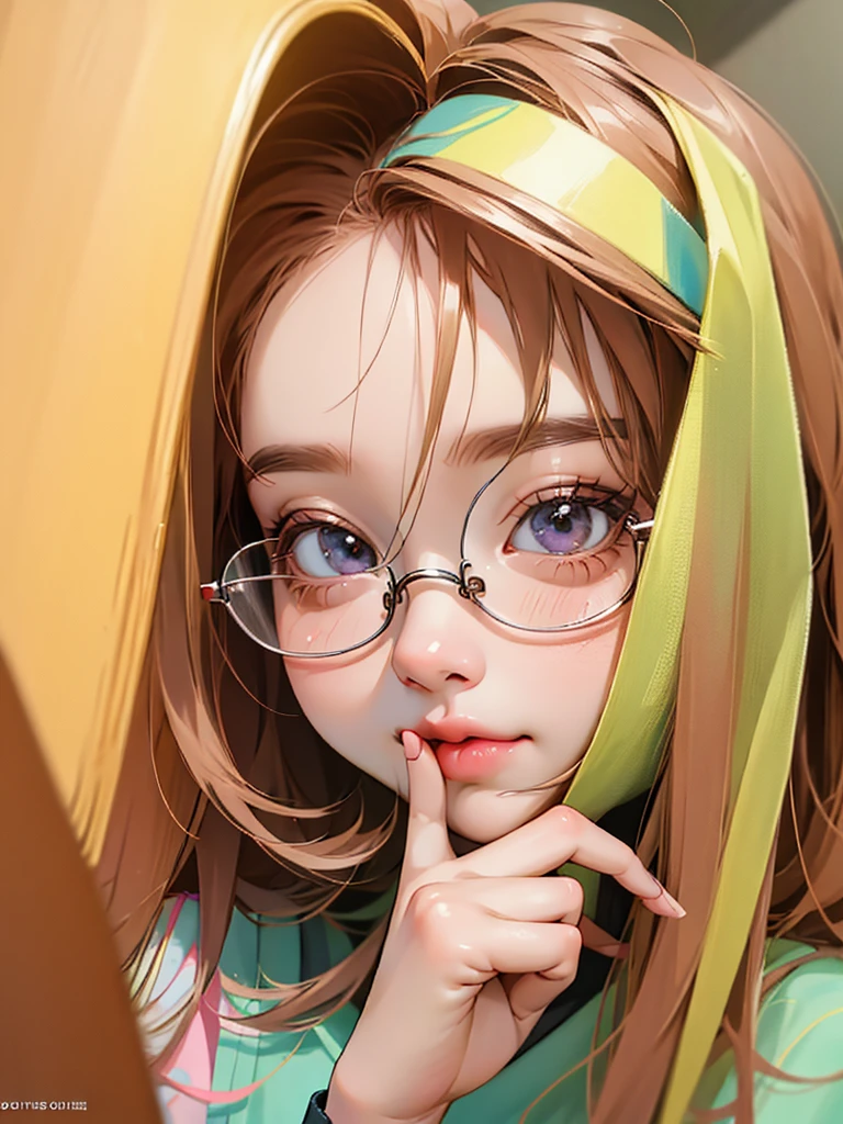 There is a woman wearing glasses in front of a mirror, Kawaii realistic portrait, With glasses, Guviz-style artwork, Realistic cute girl painting, realistic anime artstyle, Photorealistic anime, anime realism style, Realistic anime art style, Realistic young anime girl, Detailed digital anime art, Realistic anime 3 D style, Cute natural anime face,Correct finger structure,Nice looking face,Cute girl