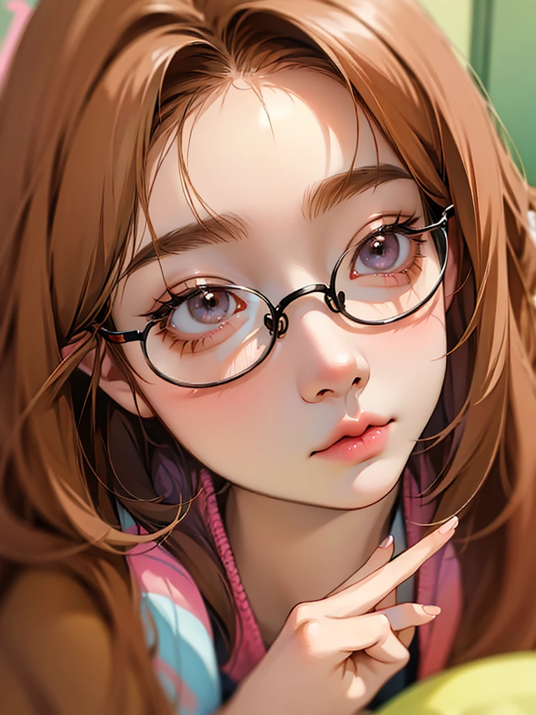 There is a woman wearing glasses in front of a mirror, Kawaii realistic portrait, With glasses, Guviz-style artwork, Realistic cute girl painting, realistic anime artstyle, Photorealistic anime, anime realism style, Realistic anime art style, Realistic young anime girl, Detailed digital anime art, Realistic anime 3 D style, Cute natural anime face，Correct finger structure，Nice looking face，Cute girl
