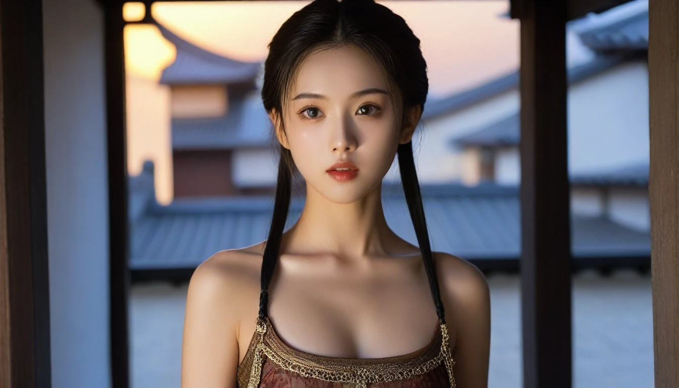 8k, Ultra-high resolution, Highest quality, masterpiece, 三分割法によるphotograph,Surreal, photograph, 1 Girl, (16 years old:1.3), pretty girl, Cute Face, Beautiful eyes in every detail, 細かくdetailedに,masterpiece,One Girl:1.2, Japan Female Announcer,extream close up,disgust,Long black hair,Pulled back hair,(Dressed in medieval European clothing:1.3),(印象派の美しい少女のPortraiture), (Standing in a medieval European square:1.3), (After the Rain), (Sunset reflection), (Impressionist light and colour),Realistic Skin, Perfect and beautiful face ,完璧でCute Face, Skin with attention to detail, Perfect limbs、Narrow waist,Looking at the audience、beauty,Long neck,clavicle,(((Ideal body type))),A cup small breasts :2,Portraiture:2,Perfect Anatomy,鮮明なdetailed,detailed,Surreal,Light and shadow,darkness