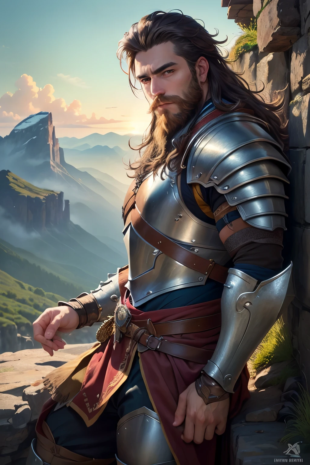 ((best quality)), ((masterpiece)), (detailed), Prize-winning works, with incredible details, maximum textures and details, uhd ,8k,super resolution ,depth of field, retina, masterpiece, 1 MALE RANGER on top of a mountain admiring and looking at the valley below, he wears leather armor ,messy hair ,Large Beard ,shoulder length hair ,sunny day ,detailed shadows 