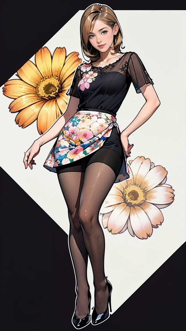 ((masterpiece)),(((Highest quality))),Thin thighs,Long legs,whole body:1.5,(One Girl:1.3),(Black pantyhose and thick pointy heels:1.3),(Wearing a floral mini-skirt dress:1.5),Short Blonde:1.2、Model pose,
