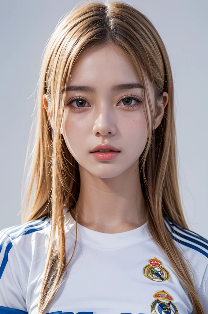 {{{Real Madrid}}}, {{Adidas soccer jersey on white background}}, {{{best quality}}}, {{{realistic}}}, {{{Detailed facial description}}}, realistic 눈동자, blonde long hair, {{beautiful western beauty}}, female, realistic 유니폼 주름, {{{Real Madrid}}}, {{{soccer stadium}}}, Sponsor's name is Fly Emirates, {{{busty}}}, {{{uniform is wet}}}, {{{Nipples are shining}}}, {{{sexy pose}}}, The whole body is visible