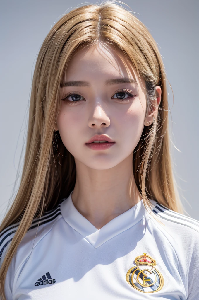 1 girl,(Highest quality、8k、32K、masterpiece)、(Realistic)、(Realistic:1.2)、(High resolution)、Very detailed、Very beautiful face and eyes、1 girl、Round and small face、Tight waist、Delicate body、(close、Highest quality、Attention to detail、Rich skin detail)、(Highest quality、8k、Oil paints:1.2)、(Realistic、Realistic:1.37)、Bright colors、(((blonde)))、(((Upper Body Shot)))、(((Medium Hair)))、(((White wall background)))、(((Happy expression)))、smile、(((Blonde)))、(((Soccer uniforms)))、(((青と白のSoccer uniforms)))、(((Blue Uniform)))、touch my head、Perm Hair
