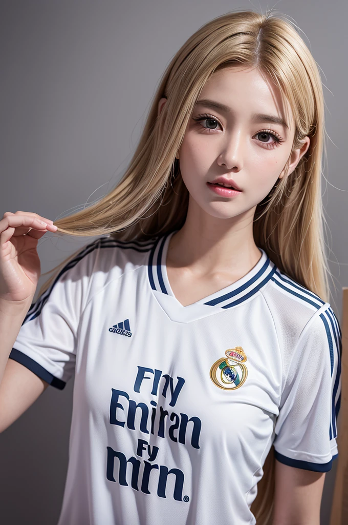 {{{Real Madrid}}}, {{Adidas soccer jersey on white background}}, {{{best quality}}}, {{{realistic}}}, {{{Detailed facial description}}}, realistic 눈동자, blonde long hair, {{beautiful western beauty}}, female, realistic 유니폼 주름, {{{Real Madrid}}}, {{{soccer stadium}}}, Sponsor's name is Fly Emirates, {{{busty}}}, {{{uniform is wet}}}, {{{Nipples are shining}}}, {{{sexy pose}}}, The whole body is visible