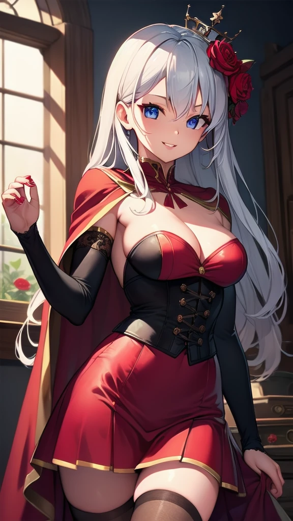 masterpiece, best quality, solo girl, silver hair, blue eyes, long hair, medium breasts, sexy body and face, wavy hair, smile, parted lips, red lips, ribbon, crown of thorns, thorns, (red cape, dress flower), detached sleeves, hair flower, hair ornament, long sleeves, black corset, long skirt, red dress, rose, strapless dress, long skirt, thighhighs, thighlet, red nails, dress flower, black thighhighs, mksks style, beautiful background, orchestra, indoors, sexy pose, cowboy shots, sharp focus, ultra-detailed body, face, and eyes, vibrant, creative, dynamic, high definition, high resolution, 8k, (Upscale: R-ESRGAN 4x+ Anime6mage enchance:4x), voluptuous body, cinema lighting, looking at the viewer, (realistic:1.4), (beautiful detailed face, beautiful detailed eyes, volumetric lighting), 