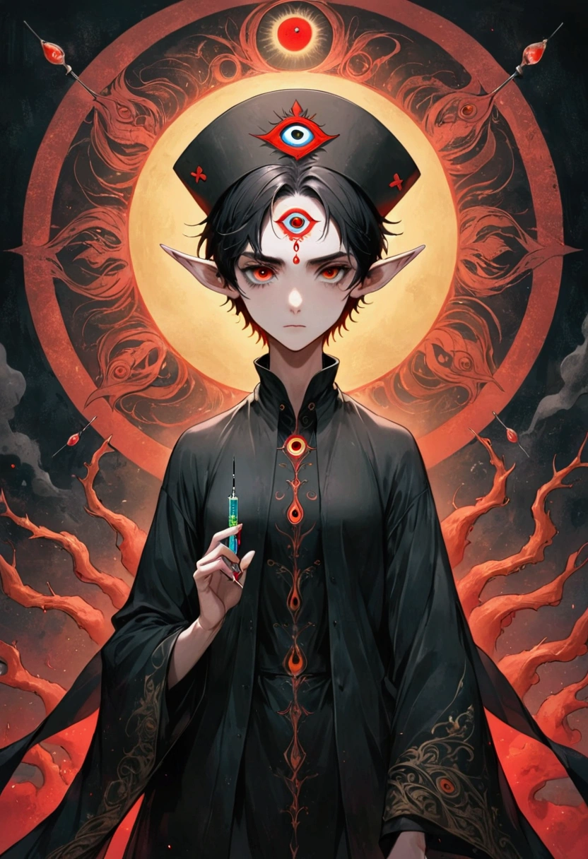(((Lord Nether,short hair,独奏,third eye on the forehead,Elf ears))),(((robe:1.6,Eye Diagram,Dark Pattern))).(((Nurse hat,Infusion bottles,medical instruments))),whole body,Death Stare Background。body movements