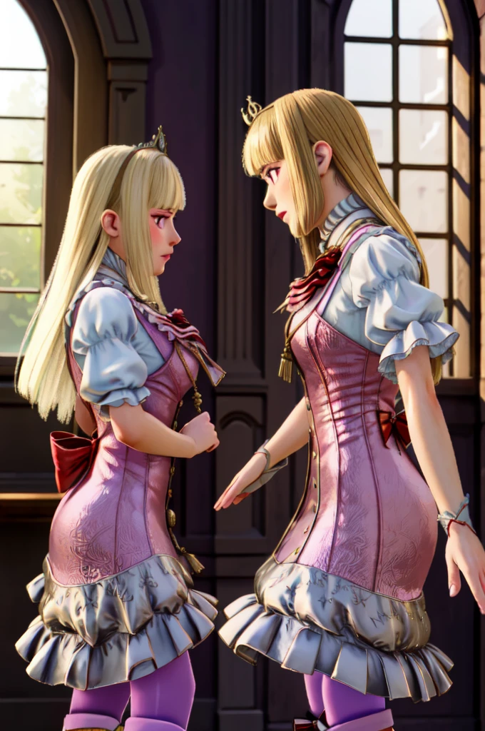 Two blonde princesses, one with short hair and the other with long hair, both wearing crystal and gold tiaras, wearing medieval dresses, royal dresses, pink and white dresses, wearing a 