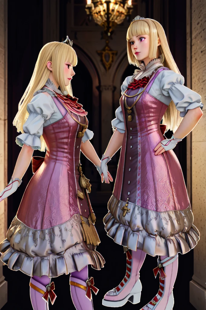 Two blonde princesses, one with short hair and the other with long hair, both wearing crystal and gold tiaras, wearing medieval dresses, royal dresses, pink and white dresses, wearing a 