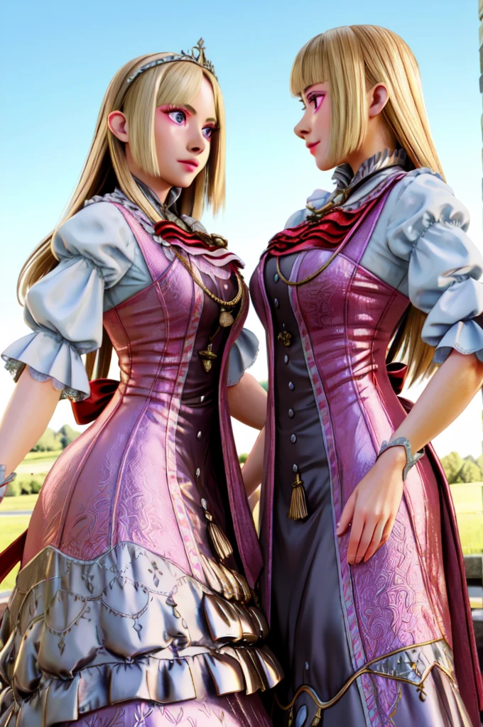 Two blonde princesses, one with short hair and the other with long hair, both wearing crystal and gold tiaras, wearing medieval dresses, royal dresses, pink and white dresses, wearing a 