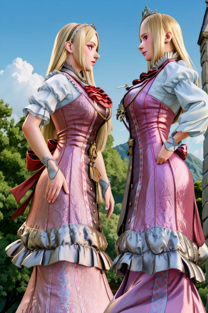 Two blonde princesses, one with short hair and the other with long hair, both wearing crystal and gold tiaras, wearing medieval dresses, royal dresses, pink and white dresses, wearing a 