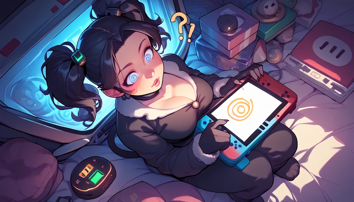 punctuation_9, punctuation_8_High above, punctuation_7_High above, punctuation_6_High above, punctuation_5_High above, punctuation_4_High above, BREAK 1girl, Nerd,Bblack hair, a cartoon image of a woman with a big breast, sitting on the cushion (blue in color), white scenario, with Nintendo switch in hand, fluffy chest, in pajamas(dressed as a black cat), anime cel shaded, Covered breasts and SFW, wearing pajamas(sitting on the cushion (blue in color), with a Nintendo Switch in hand), Kantai Collection Style, anime moe art style, , twintails brancos_mitts, seductive anime girl((dressed as a black cat)), brincando with a Nintendo Switch in hand(spiral eye)Background transparent.