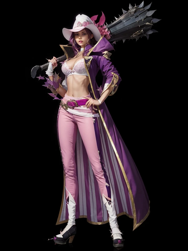 A beautiful woman with perfect body, with bra, with pink pants, with white hat on head, with a purple cape on the back, holding in one hand a club of thorns.
