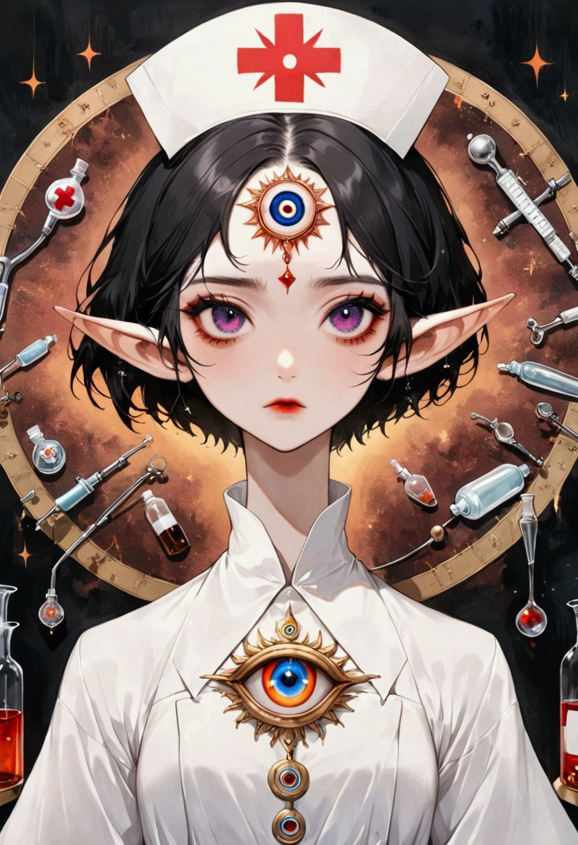 (((Lord Nether,short hair,独奏,third eye on the forehead,Elf ears))),(((robe:1.6,Eye Diagram,Dark Pattern))).(((Nurse hat,Infusion bottles,medical instruments,rescue,first aid))),whole body,Death Stare Background。body movements