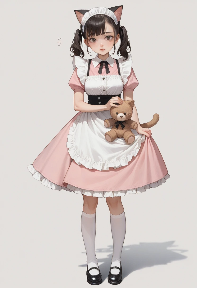 there is a woman in a pink dress holding a teddy bear, anime girl in a maid costume, in dress, cute anime waifu in a nice dress, maid outfit, anime cat girl in a maid costume, anime full body illustration, lolish, render of april, anime visual of a cute girl, anime girl with cat ears, (anime girl)