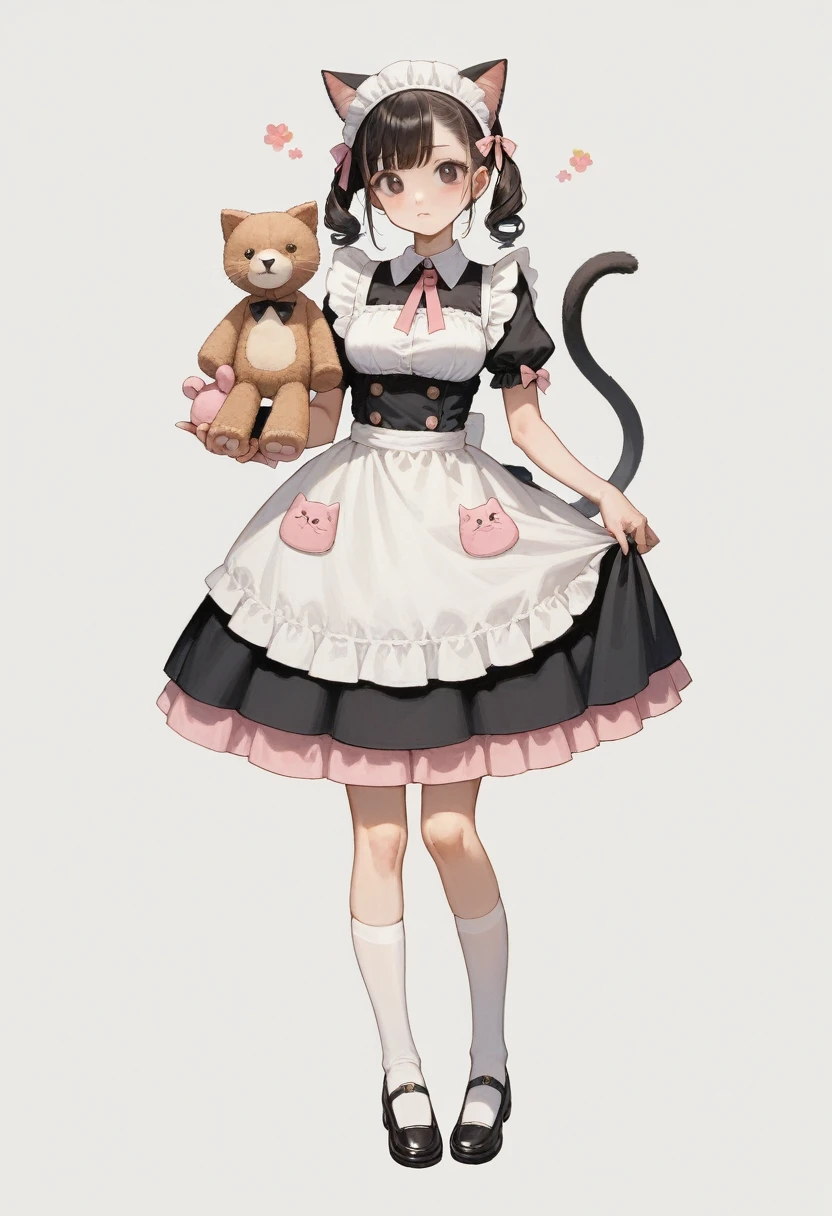 there is a woman in a pink dress holding a teddy bear, anime girl in a maid costume, in dress, cute anime waifu in a nice dress, maid outfit, anime cat girl in a maid costume, anime full body illustration, sh, render of april, anime visual of a cute girl, anime girl with cat ears, (anime girl)