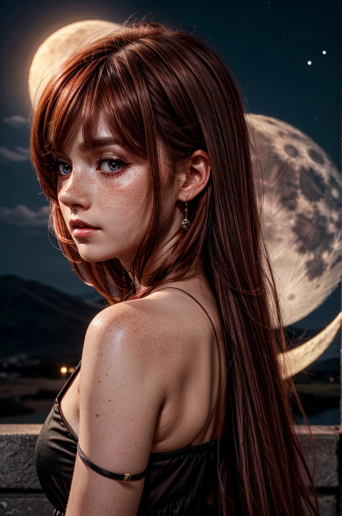 1woman, moon background, black dress, brown eyes, white eyeliner, white skin, intense blush, freckles, intense red hair, looking at viewer from side