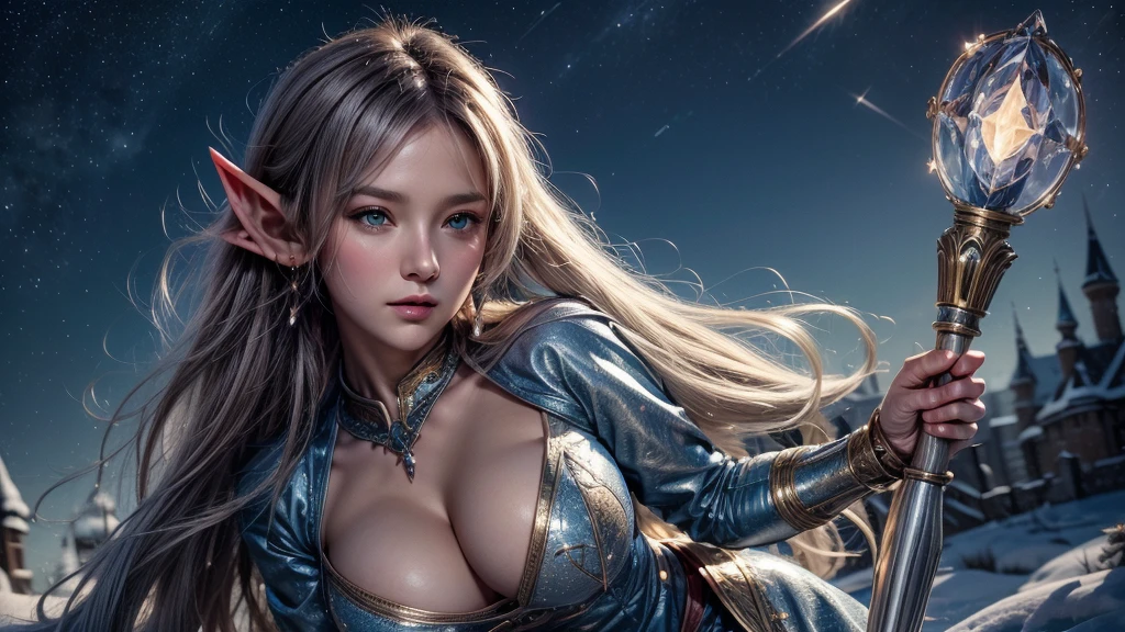 masterpiece, rest, best quality, Very detailed, Super real, 16K, high resolution, castle，snow, ((Starry Sky)),Female Elf Mage，Gorgeous armor，Complex Mode，Large Breasts，Pretty Face，Closed mouth，dramatic，Half-length photo，Glowing scepter