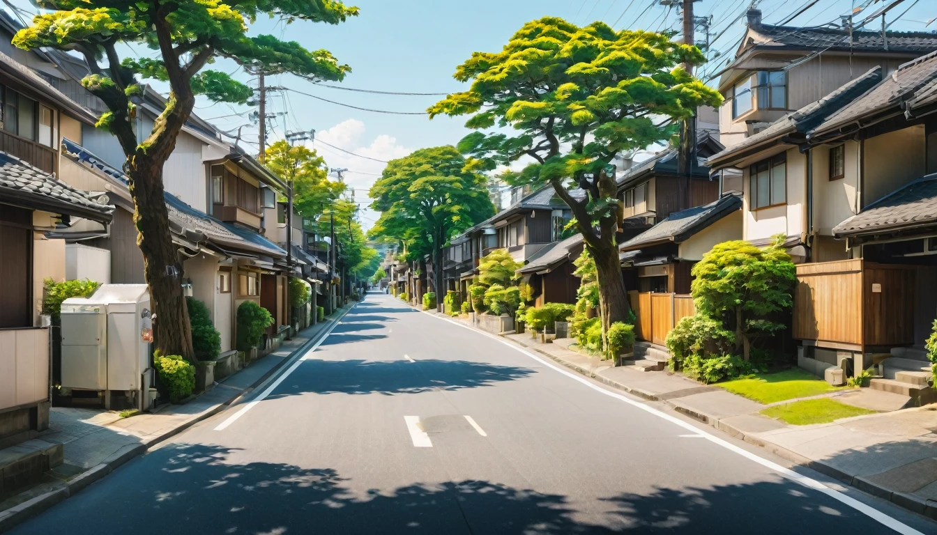 "Quiet residential street in a Japanese suburb on a hot summer afternoon, lined with traditional and modern houses,a black cicada visible on tree trunk"