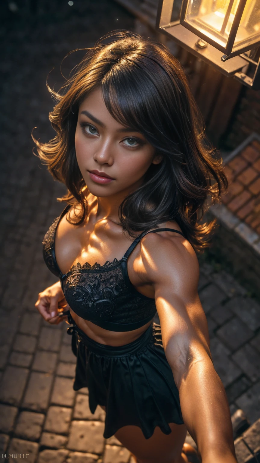 (selfie shot, from above:1.5), RAW uhd portrait photo of a 16-year-old brunette full body posed in lingerie walking down a dark alleyway, (muscular female:1.5), natural breast, (flexing bicep pose), nighttime city background, (red sundress), (cleavage), detailed (textures!, hair!, shine, color!!, imperfections:1.1), highly detailed glossy eyes, head leaned back, (looking up at the camera), specular lighting, dslr, ultra quality, sharp focus, tack sharp, dof, film grain, (centered), Fujifilm XT3, crystal clear, center of frame, cute face, sharp focus, street lamp, neon lights, bokeh, (dimly lit), low key, at night, (night sky) detailed skin pores, oiled skin, tan, intricate eye detail