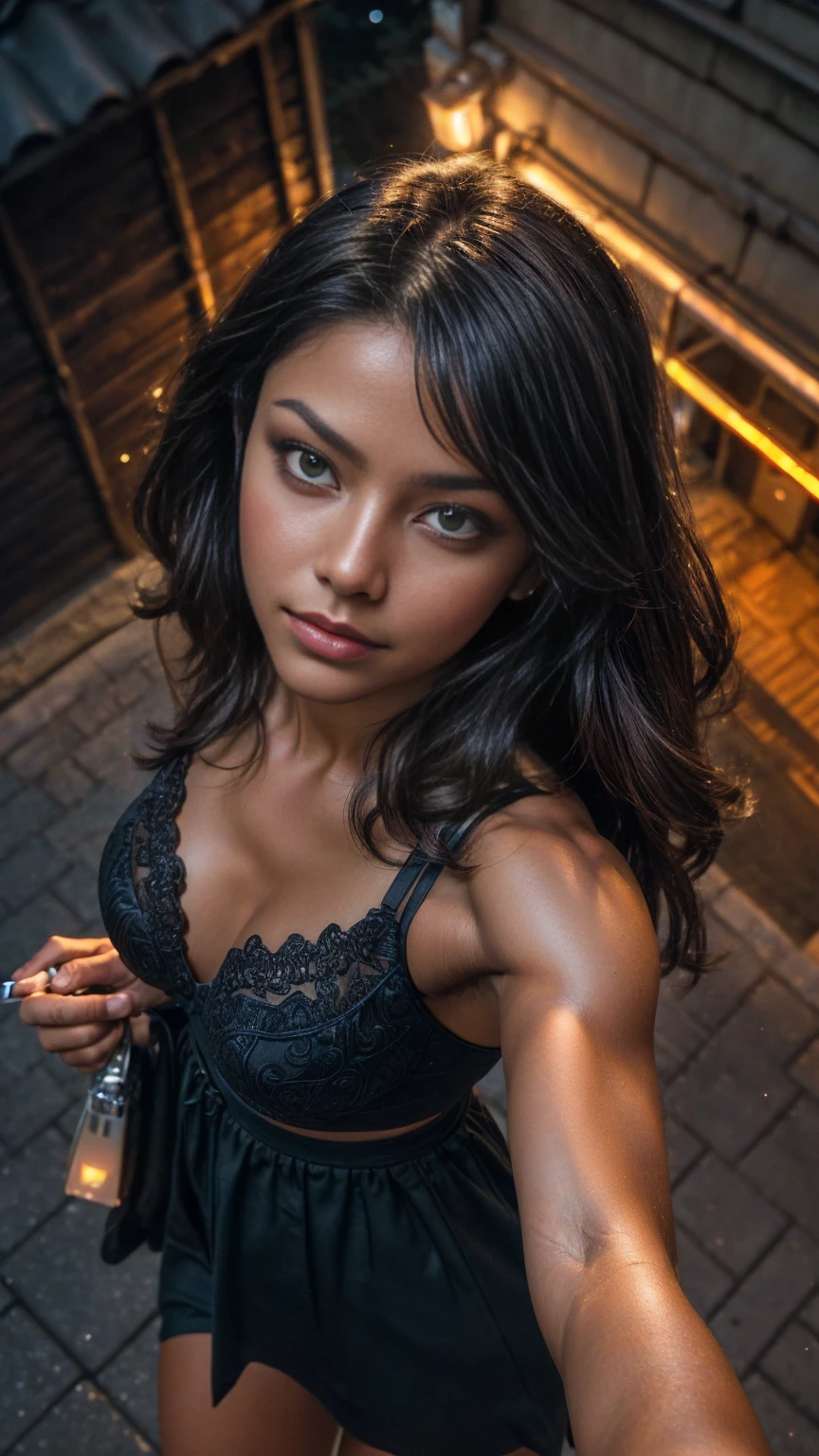 (selfie shot, from above:1.5), RAW uhd portrait photo of a 16-year-old brunette full body posed in lingerie walking down a dark alleyway, (muscular female:1.5), natural breast, (flexing bicep pose), nighttime city background, (red sundress), (cleavage), detailed (textures!, hair!, shine, color!!, imperfections:1.1), highly detailed glossy eyes, head leaned back, (looking up at the camera), specular lighting, dslr, ultra quality, sharp focus, tack sharp, dof, film grain, (centered), Fujifilm XT3, crystal clear, center of frame, cute face, sharp focus, street lamp, neon lights, bokeh, (dimly lit), low key, at night, (night sky) detailed skin pores, oiled skin, tan, intricate eye detail