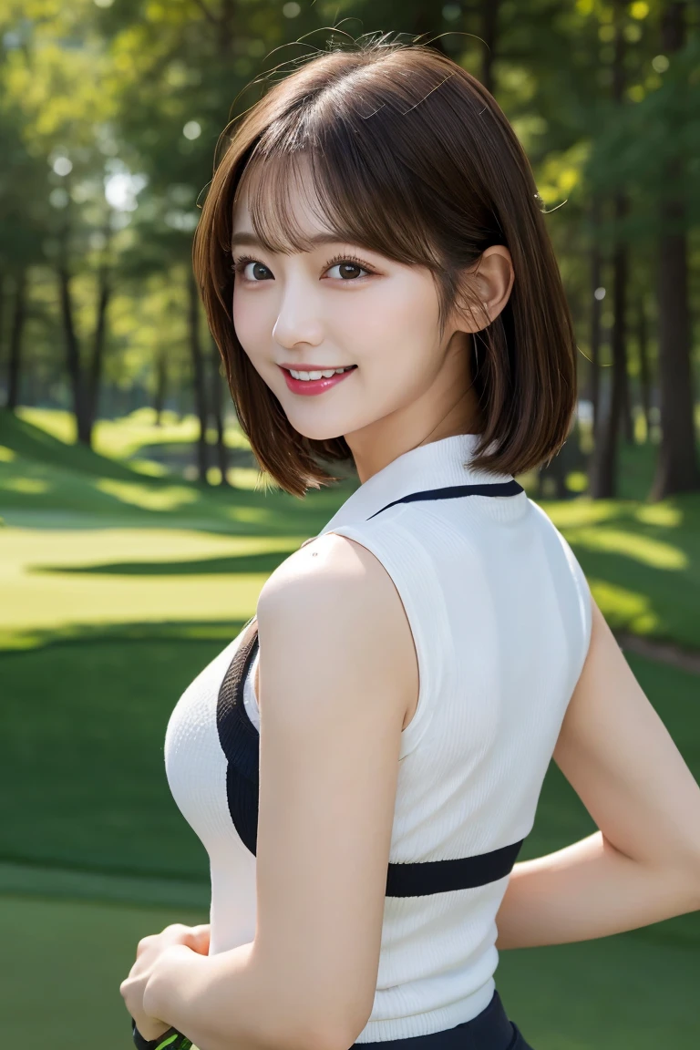 Golf course, Highest quality, shape, Very detailed, In detail, High resolution, 8k wallpaper, Perfect dynamic composition, Beautiful details, Natural Lip, Golf Wear, Big Breasts, Cleavage, She is looking back and smiling in a cute pose.., A masterpiece of the whole body, Side Short