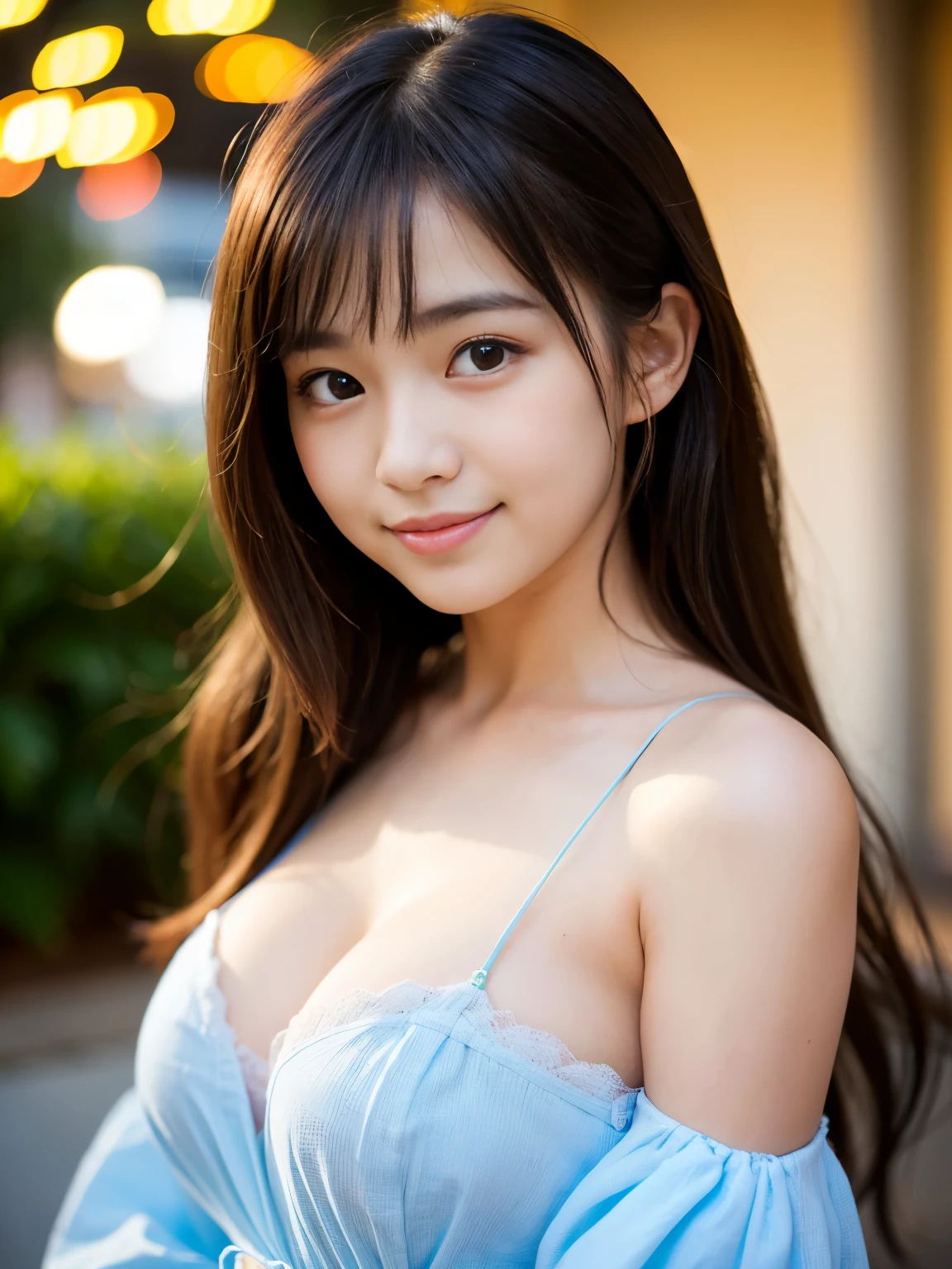 ((Best-quality, Masterpiece, Ultra-High-Resolution, (Photorealistic:1.4), Raw Photo, depth of field, professional lighting)), 1girl, 15-years-old, the most famous Japanese idol, having fun at gorgeous-party, (wearing summer-clothes with cute-design), looking away, innocent smile, (extremely cute face, (extremely cute and extremely big eyes), extremely beautiful hair, (extremely beautiful skins), extremely cute long-eyelashes, extremely cute lips, extremely cute shoulders, extremely cute cleavage)
